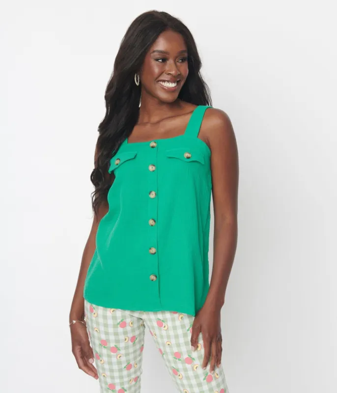 Kelly Green Faux Button Sleeveless Top sold by Unique Vintage