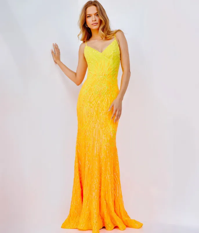 Jovani Yellow & Orange Ombre Sequin Trumpet Dress sold by Unique Vintage