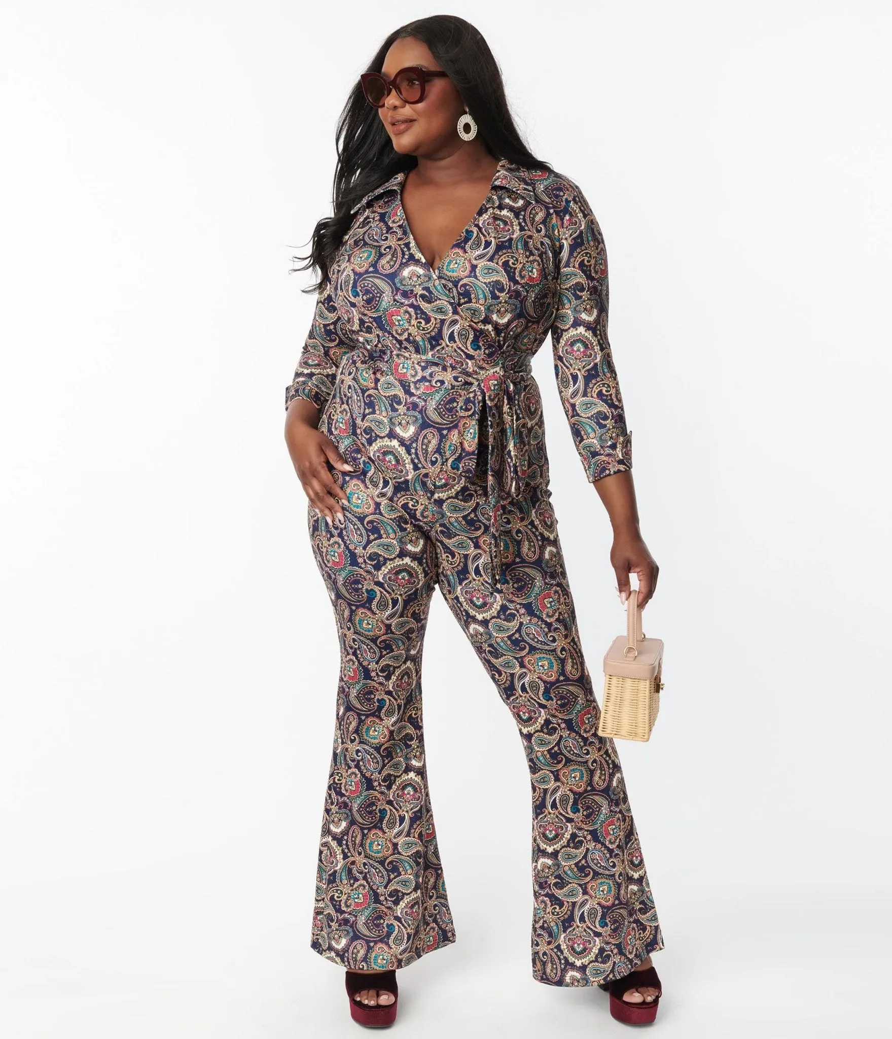 Unique Vintage Plus Size 1970s Navy Paisley Print Jumpsuit sold by Unique Vintage product image thumbnail 4
