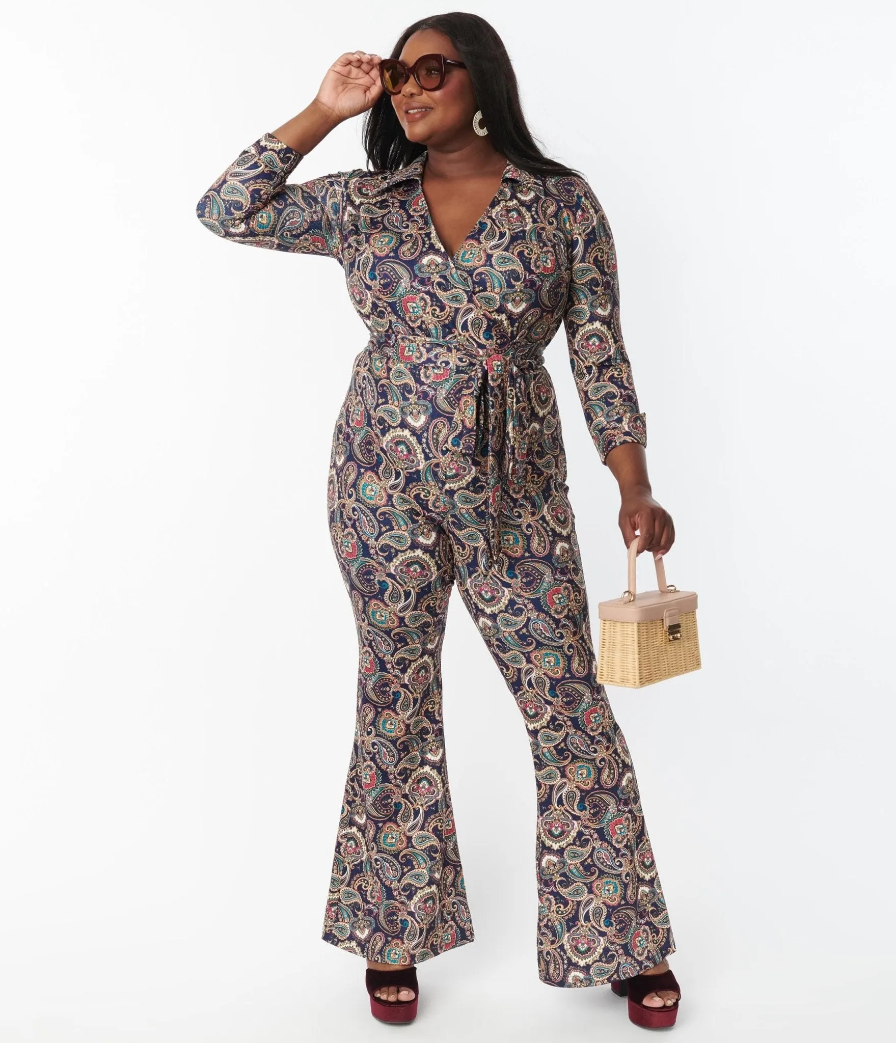 Unique Vintage Plus Size 1970s Navy Paisley Print Jumpsuit sold by Unique Vintage