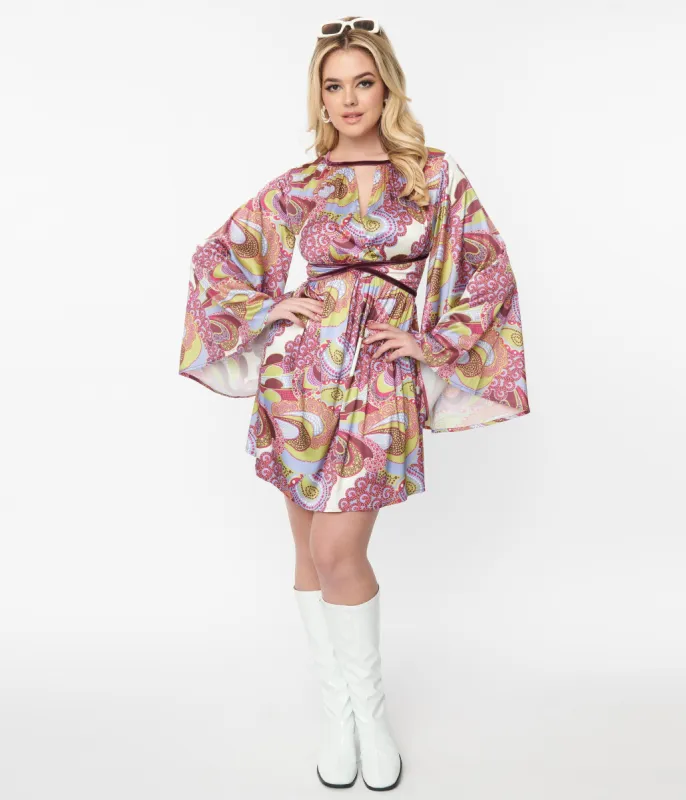 Smak Parlour 1970s Purple & Green Paisley Print Mini Dress sold by Unique Vintage