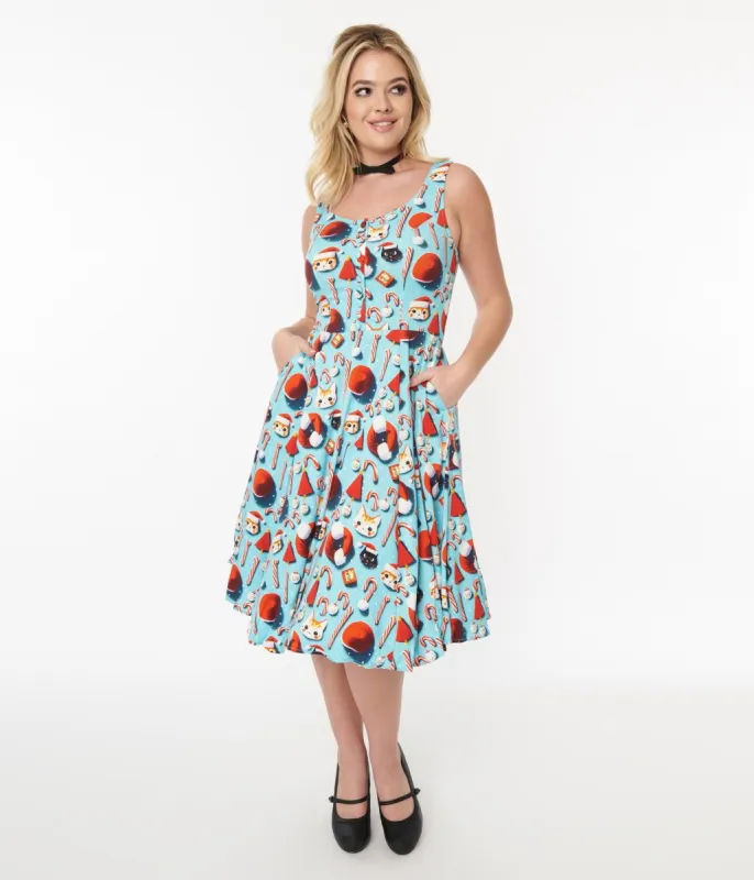 Blue Santa Kitty Print Swing Dress sold by Unique Vintage
