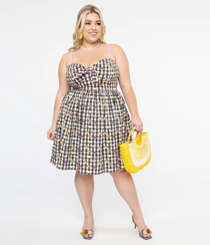 Hell Bunny Plus Size 1950s Black & White Gingham & Fruit Cotton Swing Dress made by Unique Vintage