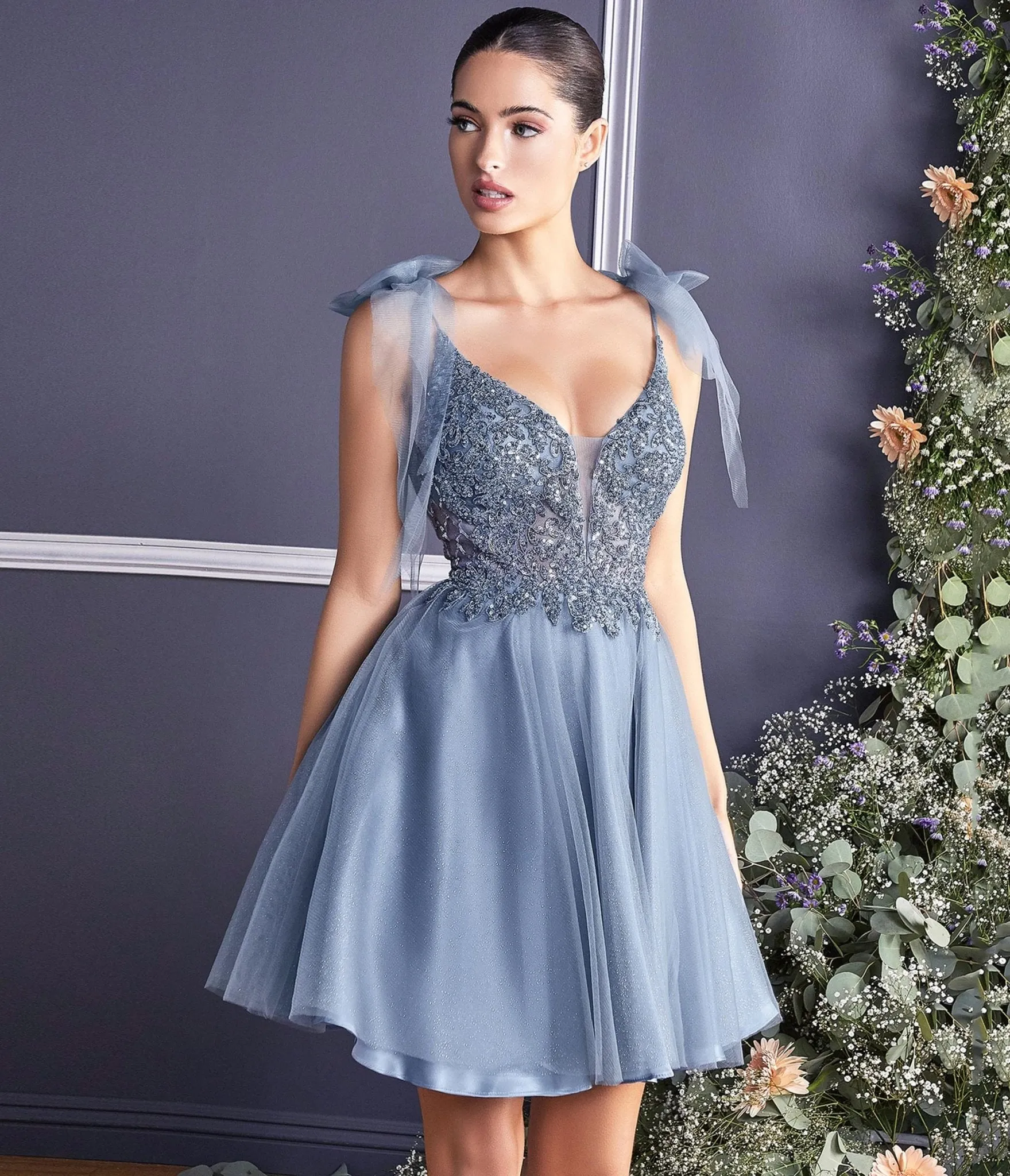 Ladivine by Cinderella Divine Dusty Blue Shimmer Tulle Flare Prom Dress sold by Unique Vintage