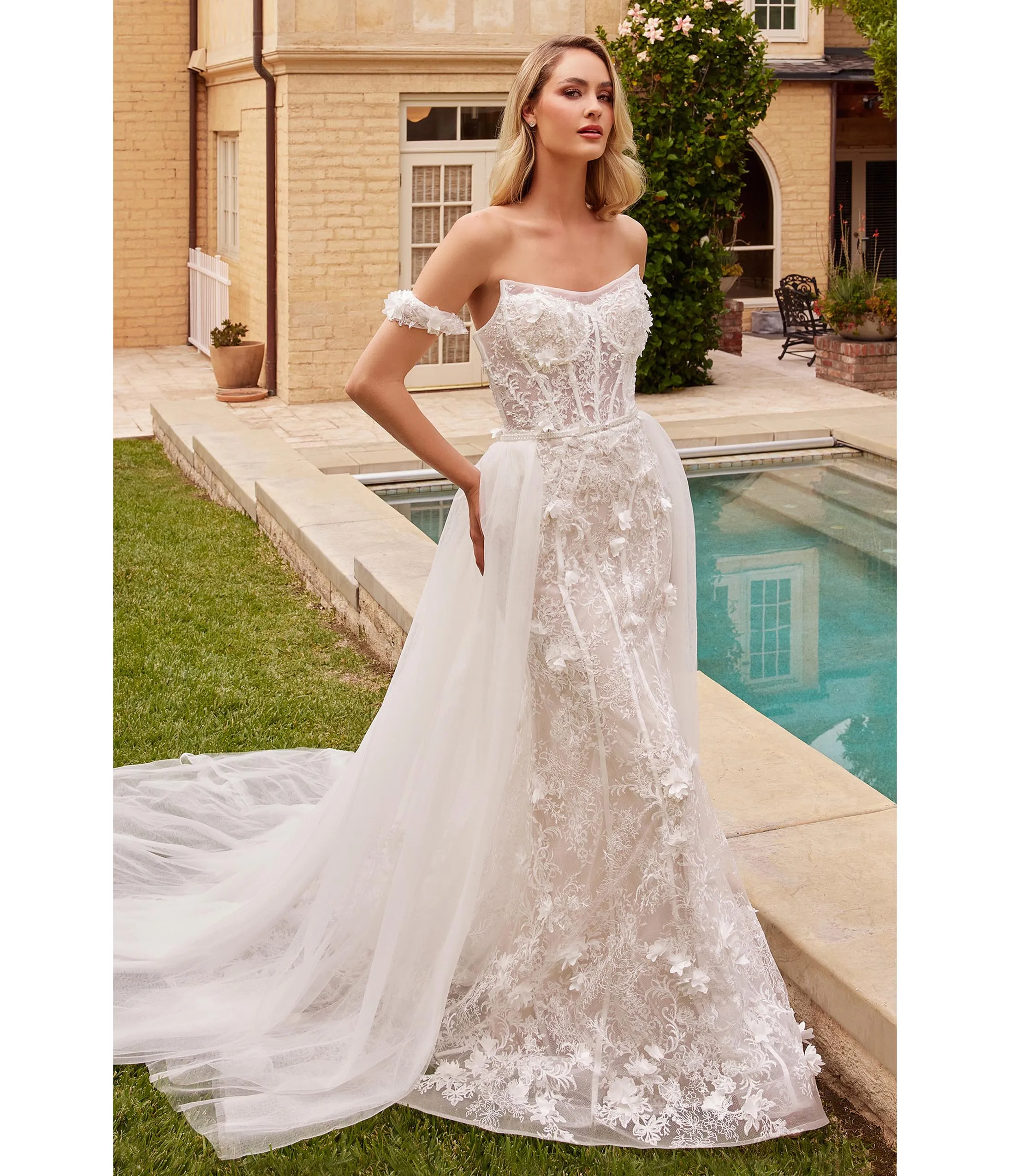 Cinderella Divine Off White Floral Lace Bridal Trumpet Gown with Removable Overskirt sold by Unique Vintage