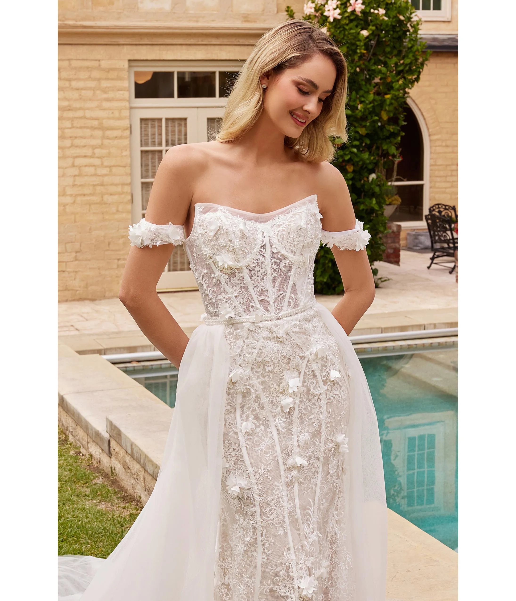 Cinderella Divine Off White Floral Lace Bridal Trumpet Gown with Removable Overskirt sold by Unique Vintage product image thumbnail 5
