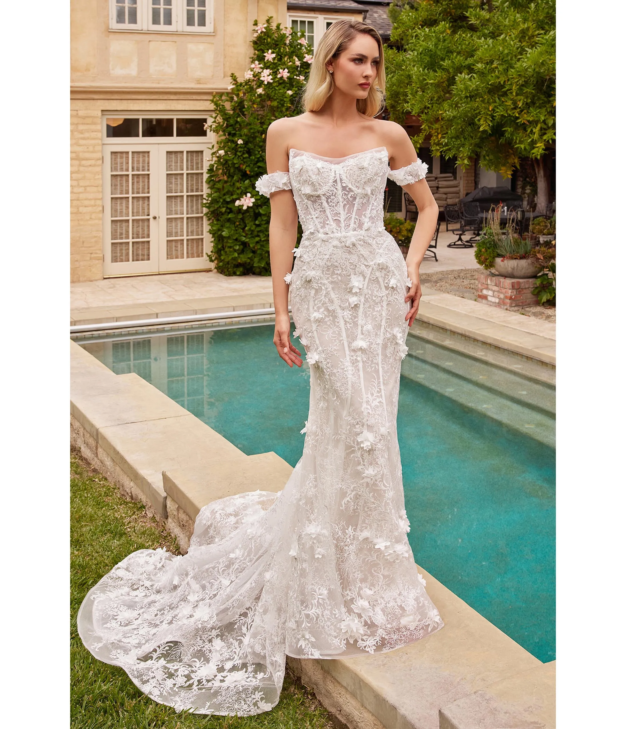Cinderella Divine Off White Floral Lace Bridal Trumpet Gown with Removable Overskirt sold by Unique Vintage product image thumbnail 3