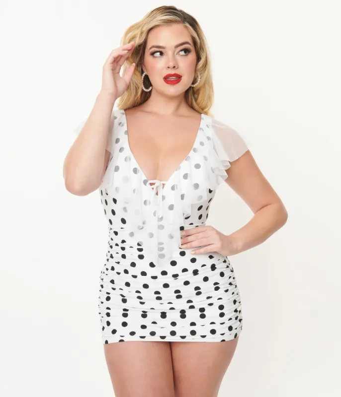 Unique Vintage White & Black Polka Dot Ruffle Sheath Swimsuit sold by Unique Vintage
