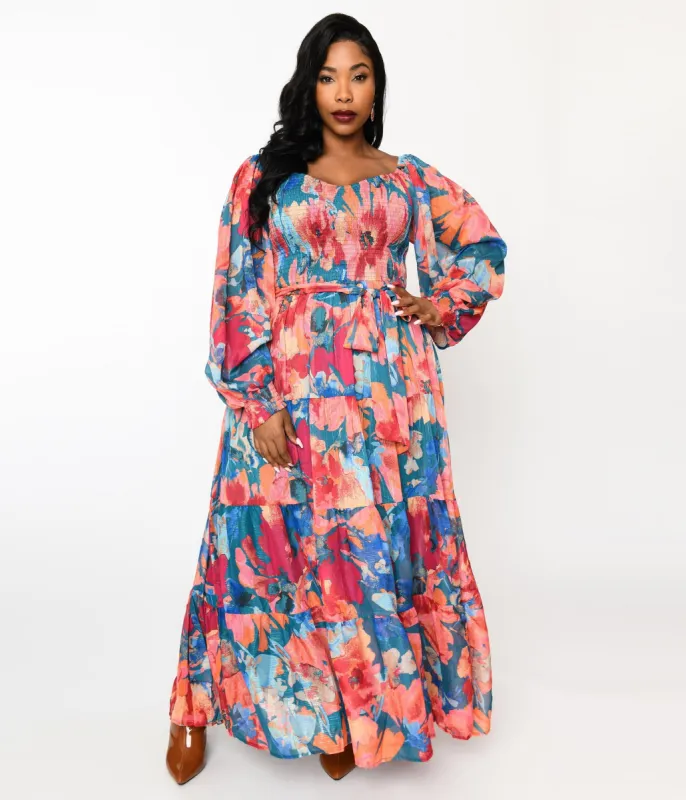 1970s Teal & Coral Floral Maxi Dress made by Flying Tomato