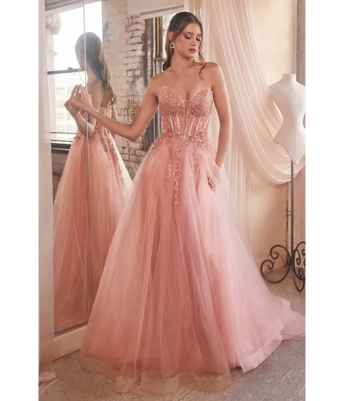 Ladivine by Cinderella Divine Rose Gold Sparkle Corset Top Prom Gown sold by Unique Vintage