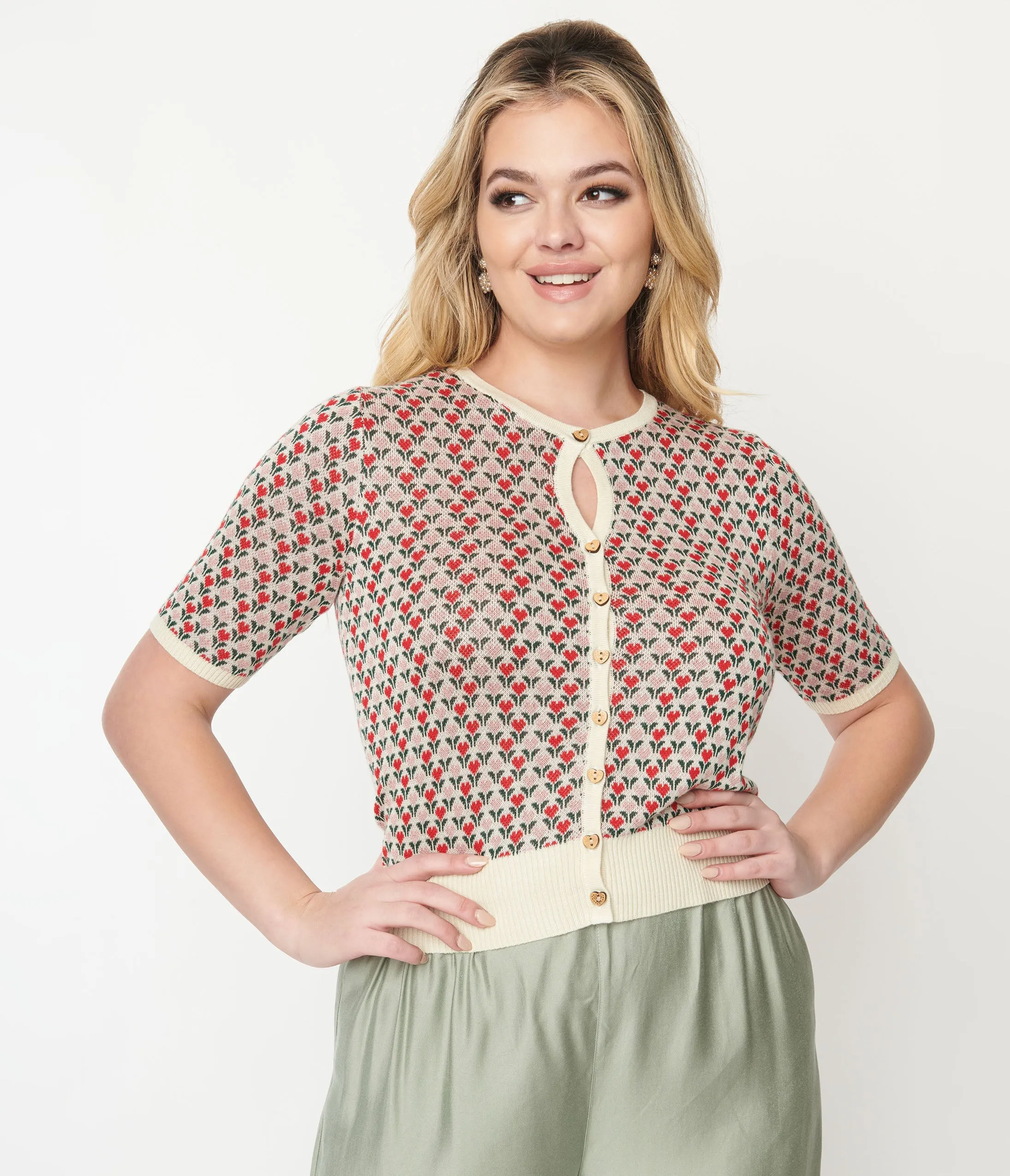 1970s Pink & Red Heart Flowers Cardigan sold by Unique Vintage product image thumbnail 3