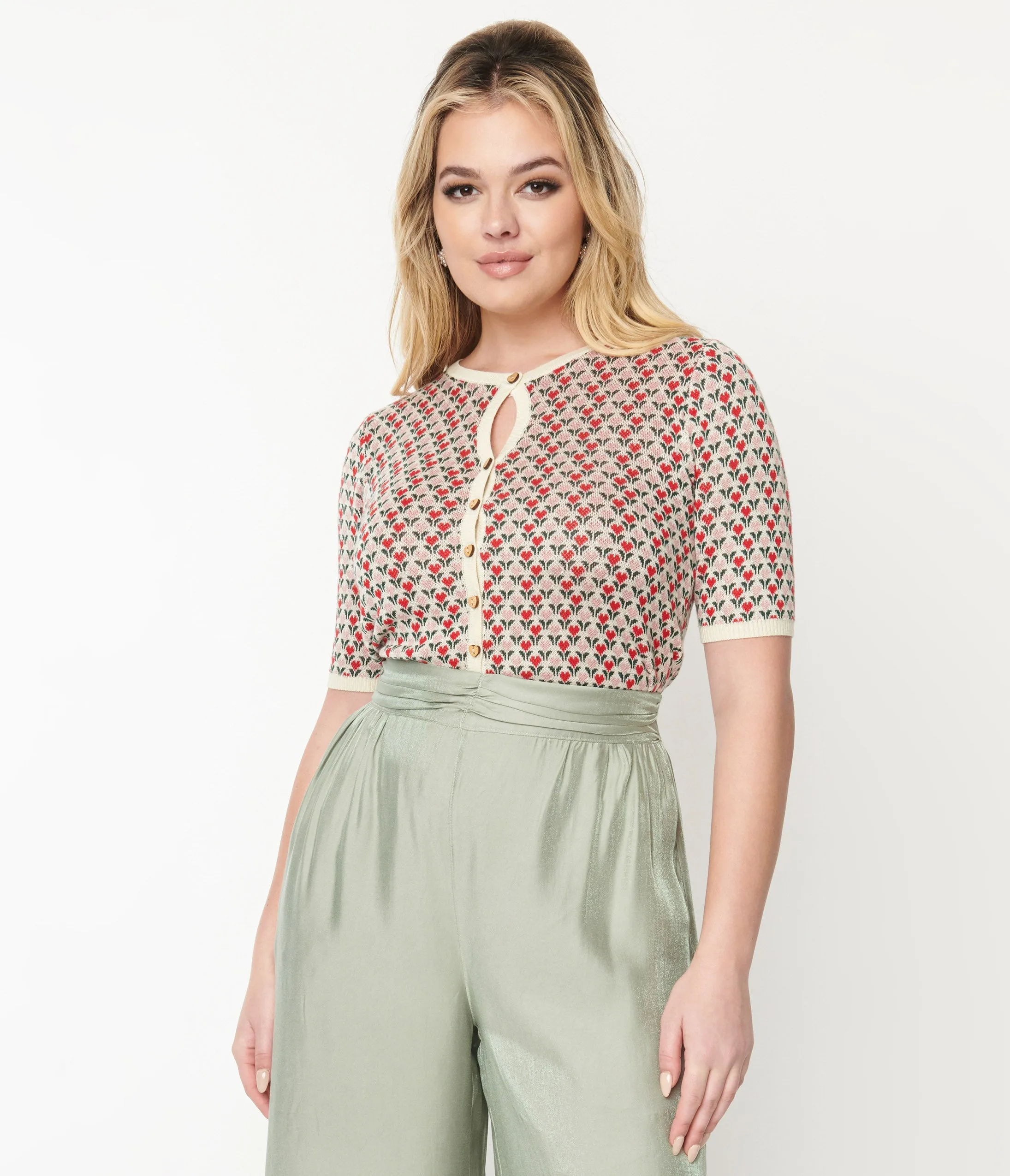 1970s Pink & Red Heart Flowers Cardigan sold by Unique Vintage