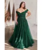 Ladivine by Cinderella Divine Plus Size Emerald Glitter Tulle Off The Shoulder Applique Slit Gown sold by Unique Vintage