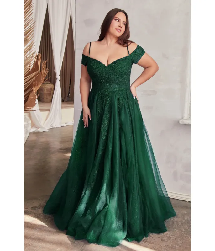 Ladivine by Cinderella Divine Plus Size Emerald Glitter Tulle Off The Shoulder Applique Slit Gown sold by Unique Vintage