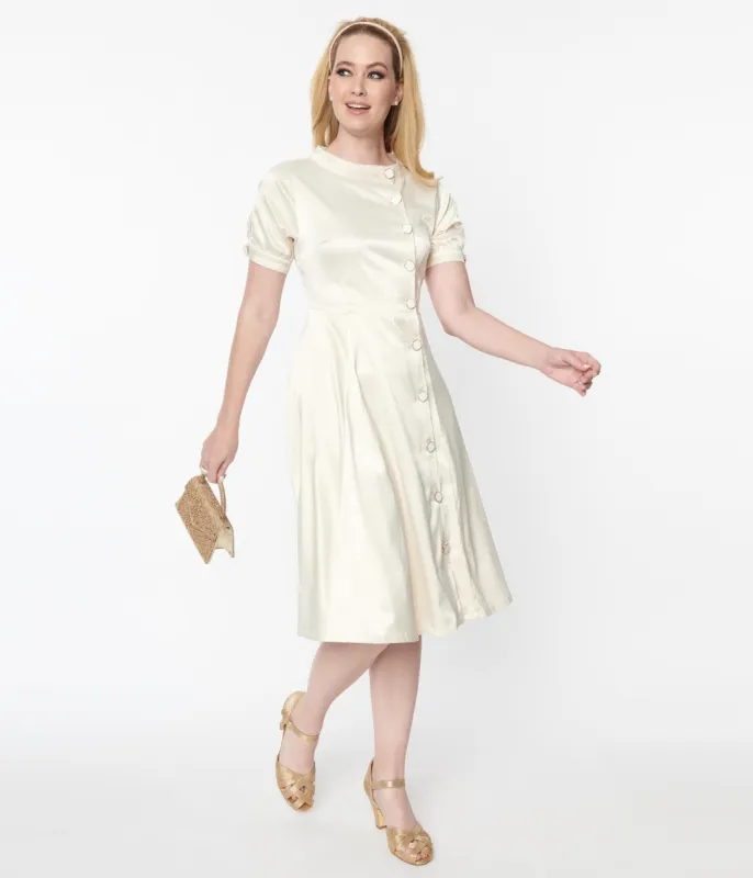 Unique Vintage Ivory Satin Button Bridal Swing Dress made by Unique Vintage