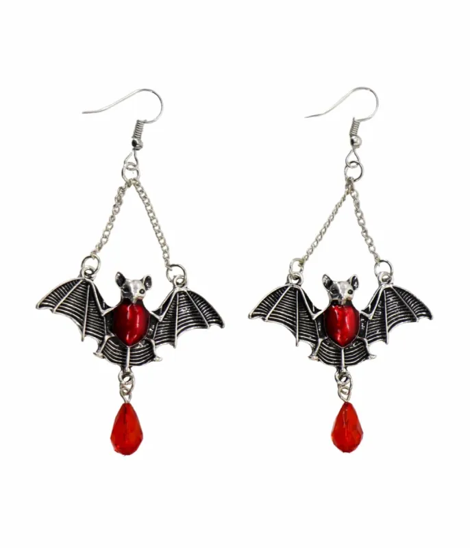 Silver & Red Gem Bat Dangle Earrings sold by Unique Vintage