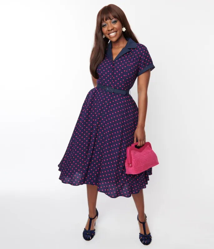 Unique Vintage Navy & Hot Pink Dot Alexis Swing Dress sold by Unique Vintage
