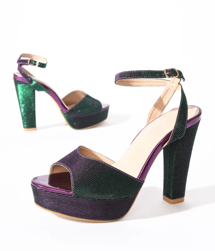 Unique Vintage Metallic Emerald & Purple Duotone Platform Heels sold by Unique Vintage