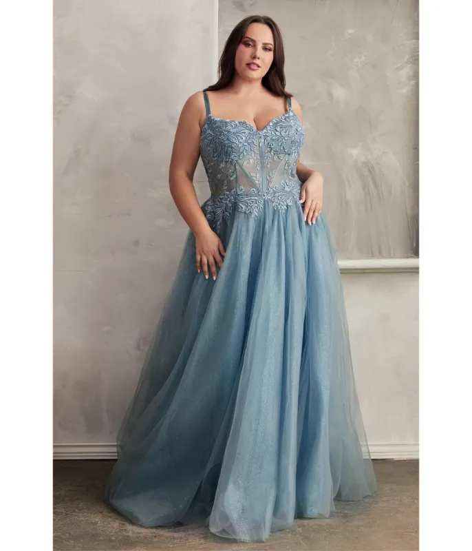Cinderella Divine  Plus Size Blue Foliage Applique Corset Tulle Gown sold by Unique Vintage