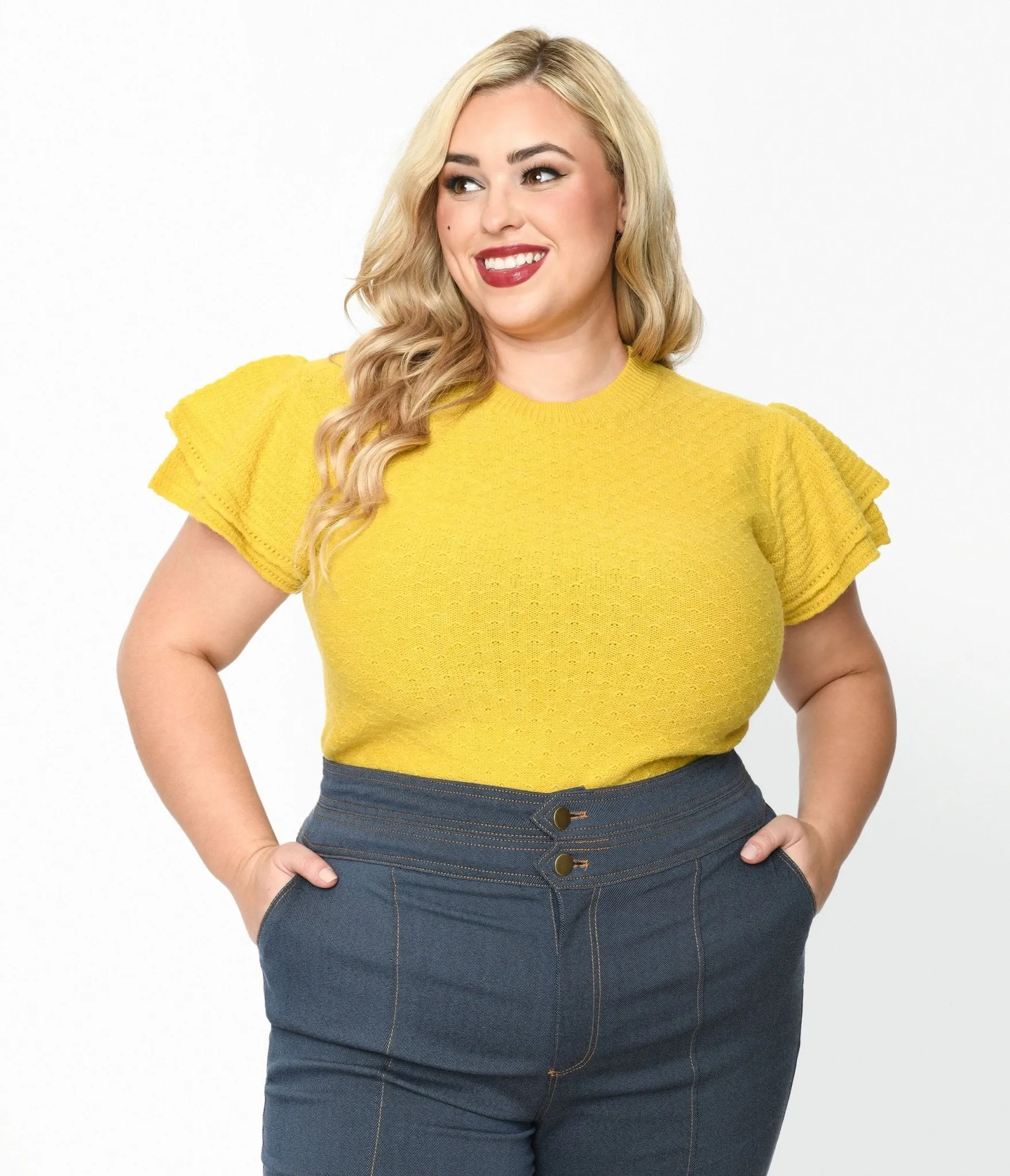 Chartreuse Ruffle Sleeved Knit Top sold by Unique Vintage