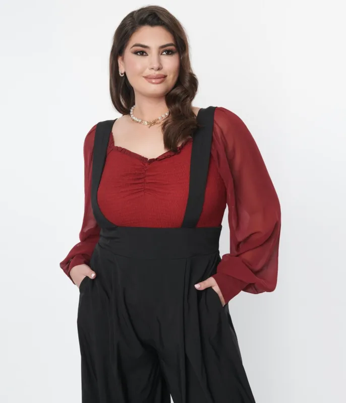 Unique Vintage Plus Size 1940s Burgundy Chiffon Sleeve Bodysuit sold by Unique Vintage