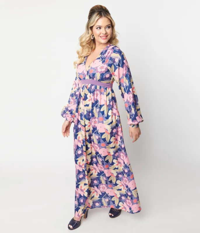 Unique Vintage 1970s Navy & Purple Floral Print Buttercup Maxi Dress sold by Unique Vintage