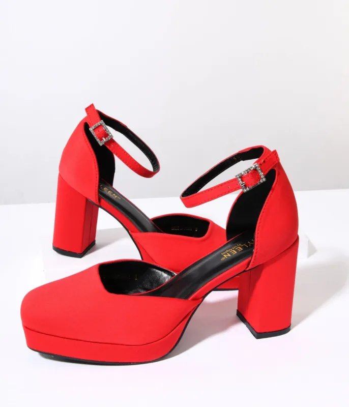 Red Satin & Rhinestone Buckle Pumps sold by Unique Vintage