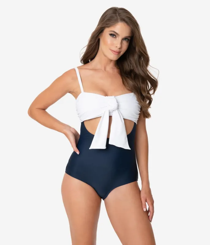 Unique Vintage Navy Blue & White Sweetheart Bow Avila Swimsuit sold by Unique Vintage