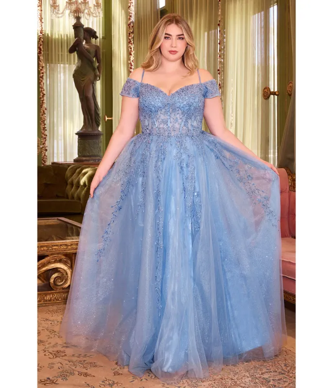 Cinderella Divine  Plus Size Blue Glitter Tulle Off The Shoulder Applique Slit Gown sold by Unique Vintage