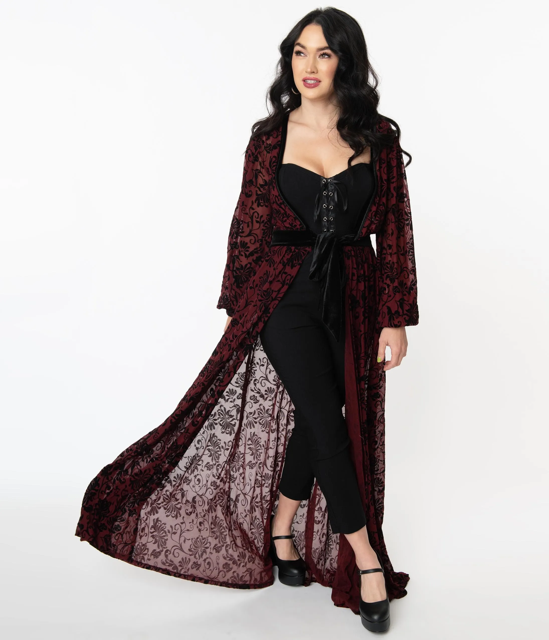 Unique Vintage Burgundy Deco Devore Velvet Hollywood Duster sold by Unique Vintage product image thumbnail 5