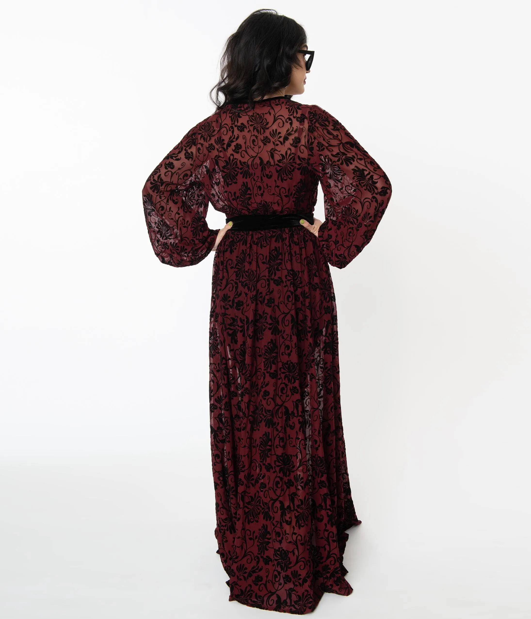 Unique Vintage Burgundy Deco Devore Velvet Hollywood Duster sold by Unique Vintage product image thumbnail 2