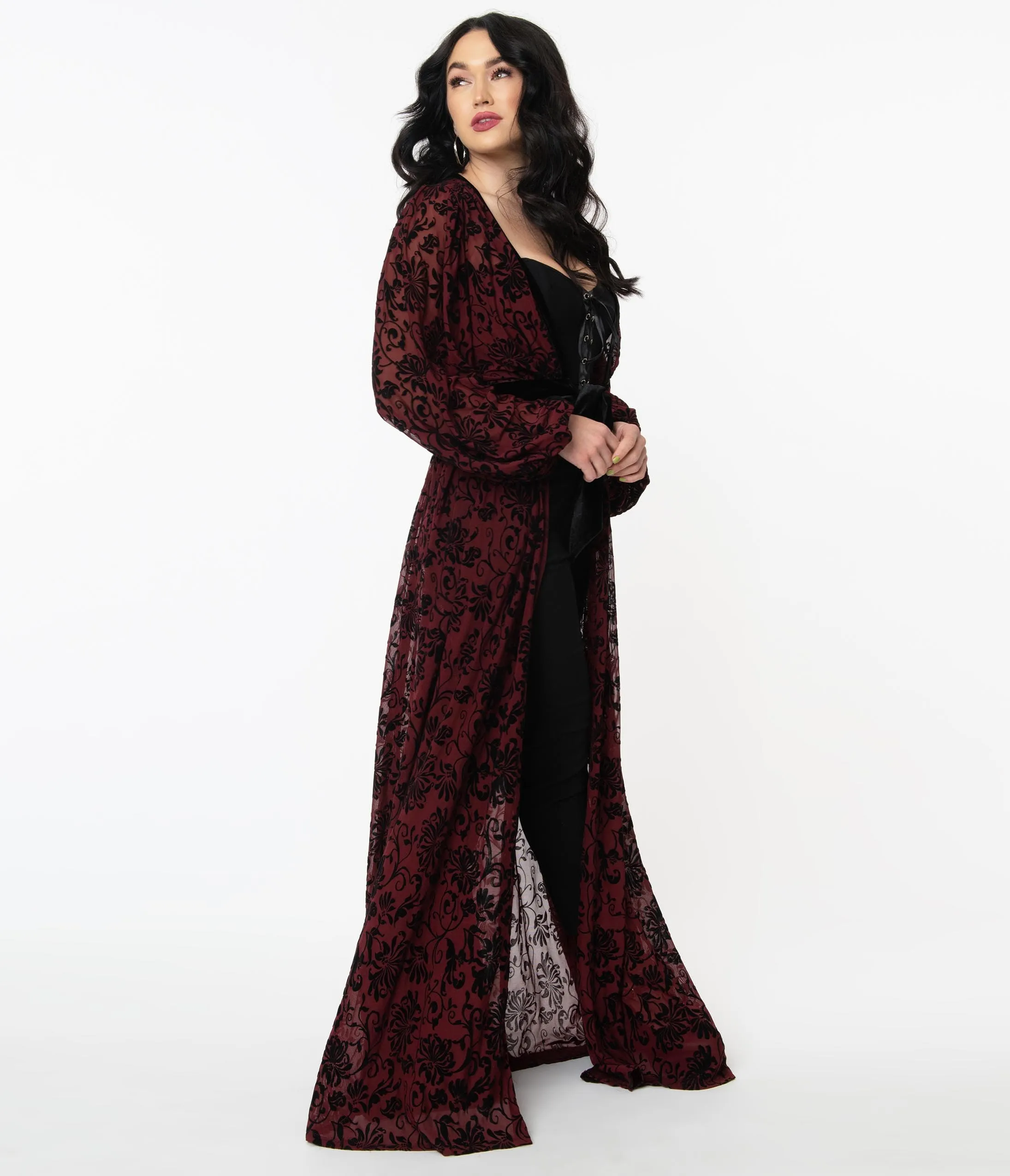 Unique Vintage Burgundy Deco Devore Velvet Hollywood Duster sold by Unique Vintage product image thumbnail 3