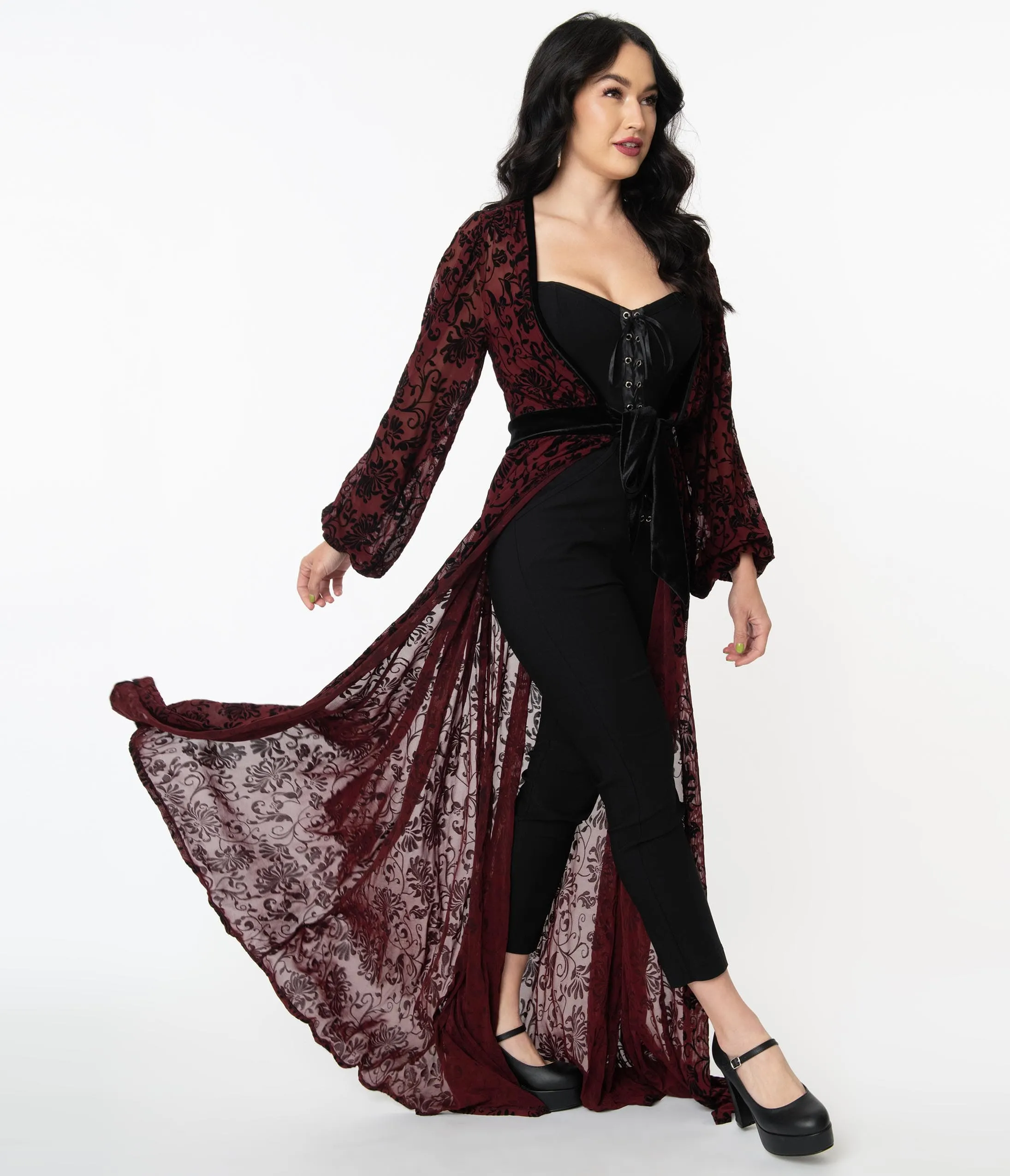 Unique Vintage Burgundy Deco Devore Velvet Hollywood Duster sold by Unique Vintage product image thumbnail 4