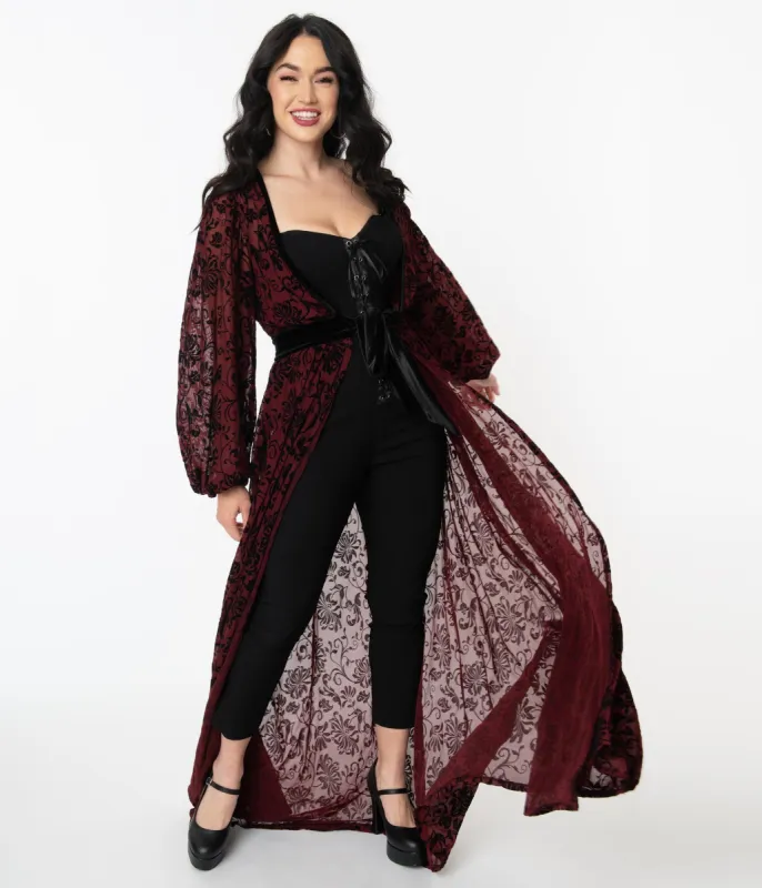 Unique Vintage Burgundy Deco Devore Velvet Hollywood Duster sold by Unique Vintage
