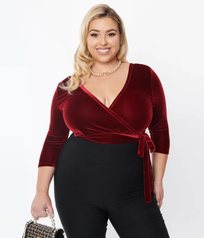 Unique Vintage Plus Size 1970s Wine Velvet Surplice Bodysuit sold by Unique Vintage