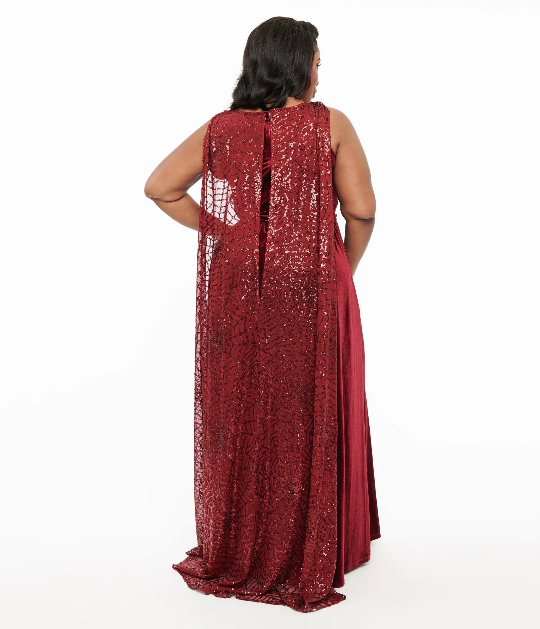 Disney Hocus Pocus Collection by Unique Vintage Plus Size Hocus Pocus Burgundy Velvet & Spiderweb Sequin Cape Gown sold by Unique Vintage product image thumbnail 3