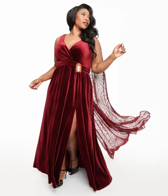 Disney Hocus Pocus Collection by Unique Vintage Plus Size Hocus Pocus Burgundy Velvet & Spiderweb Sequin Cape Gown made by Unique Vintage