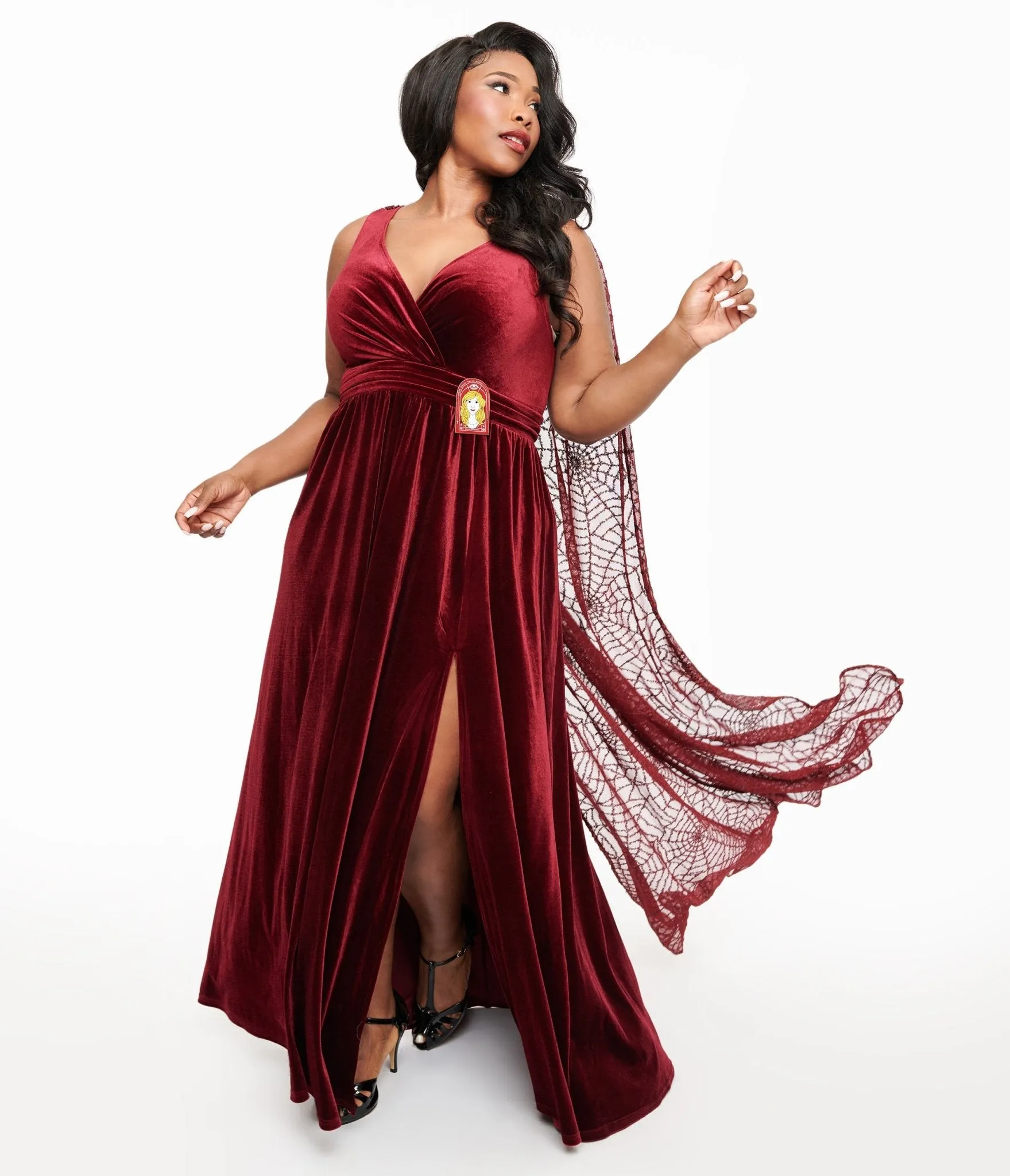Disney Hocus Pocus Collection by Unique Vintage Plus Size Hocus Pocus Burgundy Velvet & Spiderweb Sequin Cape Gown sold by Unique Vintage