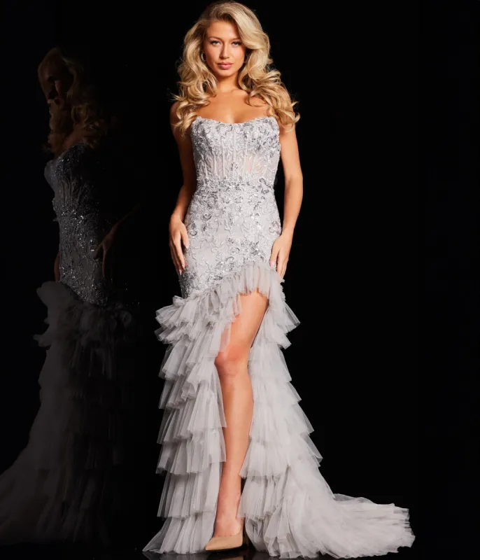 Jovani Silver Embroidered Corset & Ruffle Fringe Tiered Prom Dress sold by Unique Vintage
