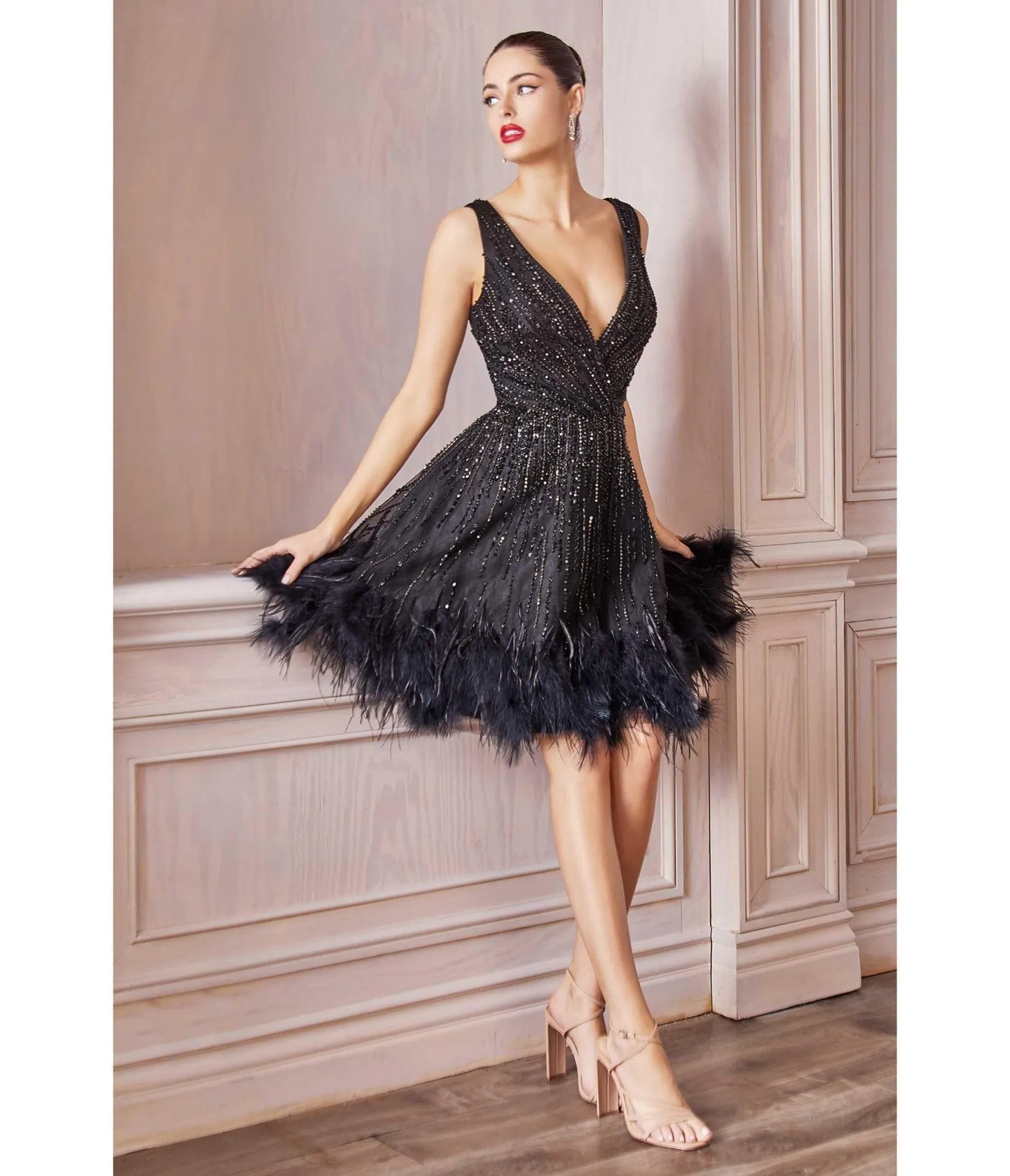 Cinderella Divine Black Rhinestone & Feather Hem Bridesmaid Cocktail Dress sold by Unique Vintage