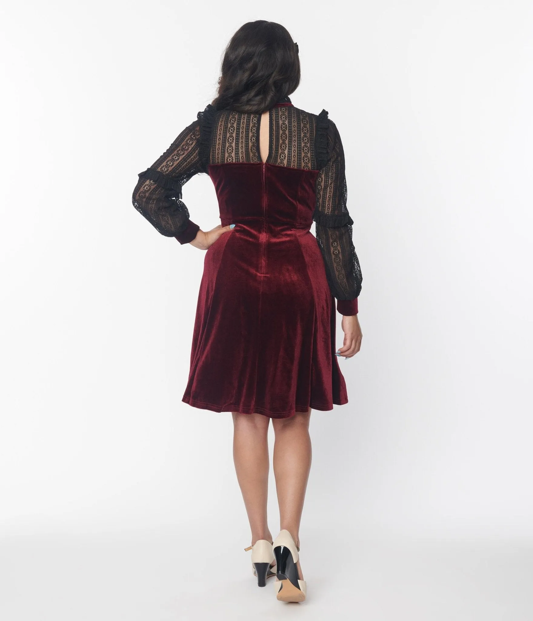 Hell Bunny Burgundy Velvet & Black Lace Swing Dress sold by Unique Vintage product image thumbnail 3