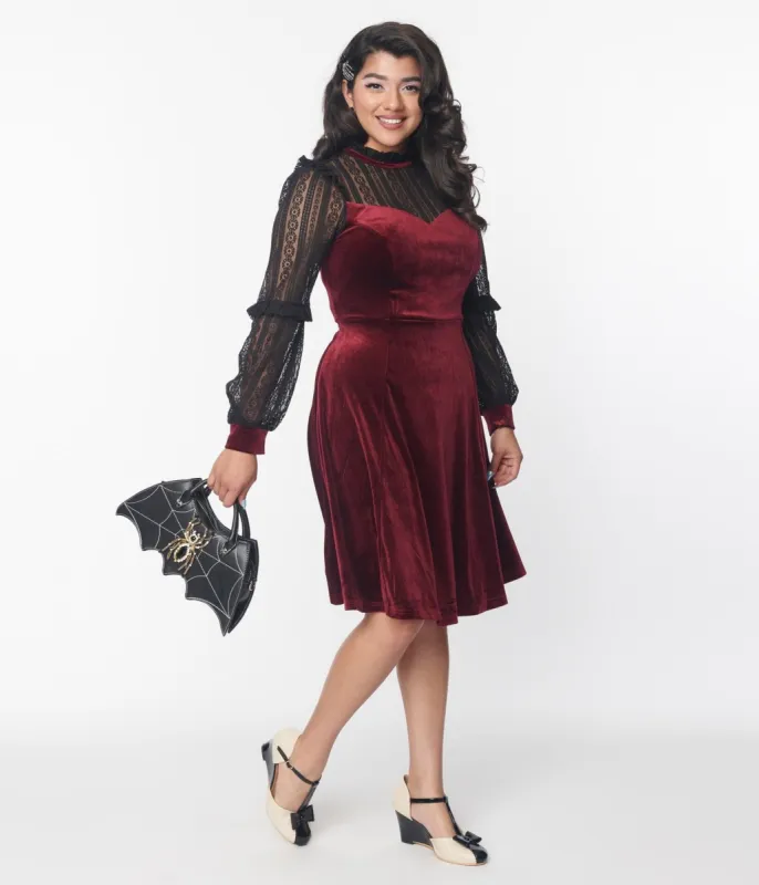 Hell Bunny Burgundy Velvet & Black Lace Swing Dress sold by Unique Vintage