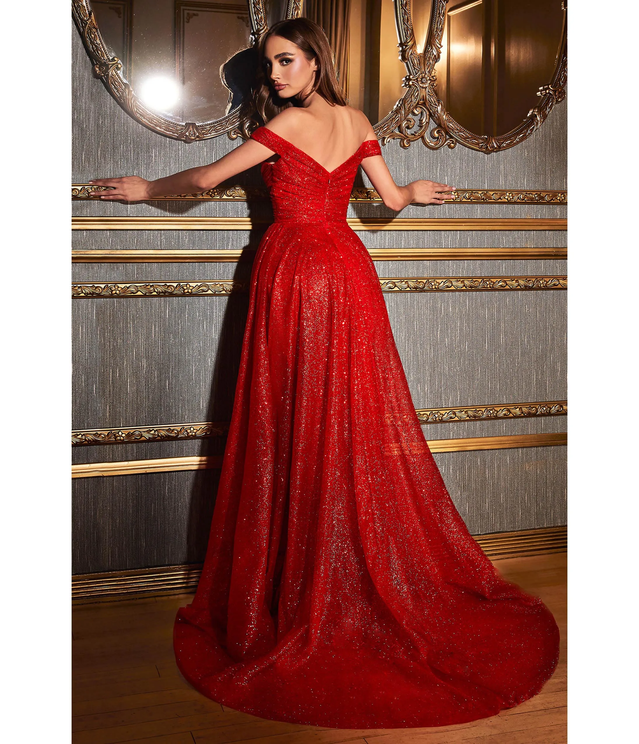 Cinderella Divine Red Off Shoulder Glitter Prom Gown sold by Unique Vintage product image thumbnail 2