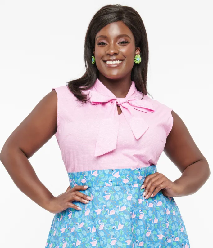 Retrolicious Plus Size 1950s Pink & White Polka Dot Cotton Bow Top sold by Unique Vintage