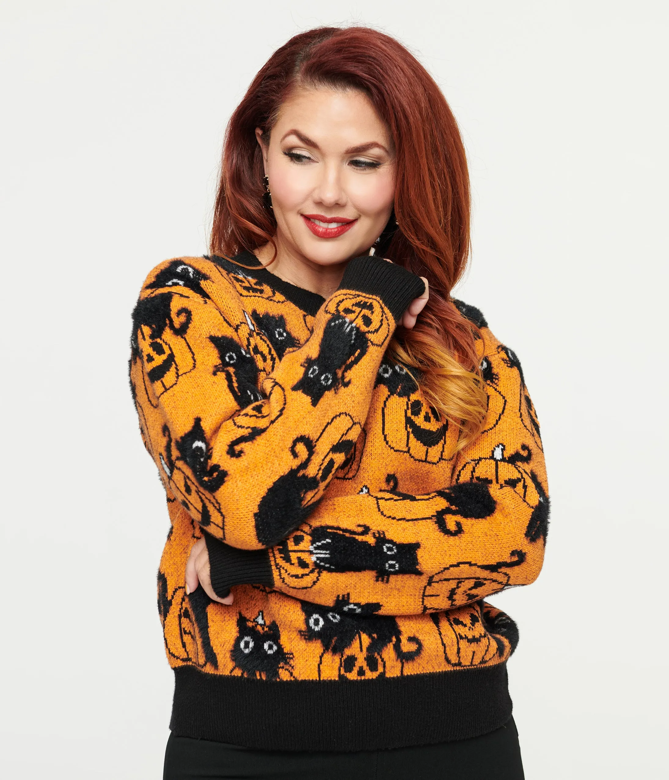 Unique Vintage Orange Pumpkin & Black Cat Print Sweater sold by Unique Vintage product image thumbnail 3