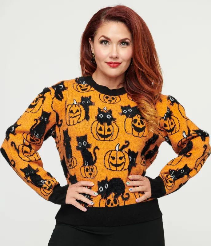 Unique Vintage Orange Pumpkin & Black Cat Print Sweater sold by Unique Vintage