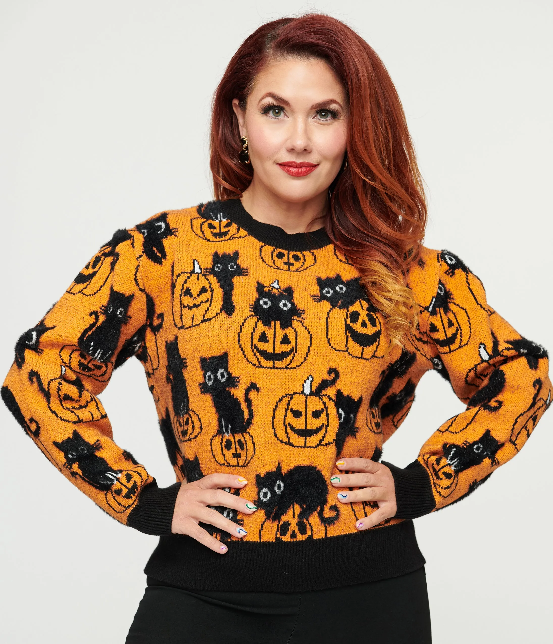 Unique Vintage Orange Pumpkin & Black Cat Print Sweater sold by Unique Vintage