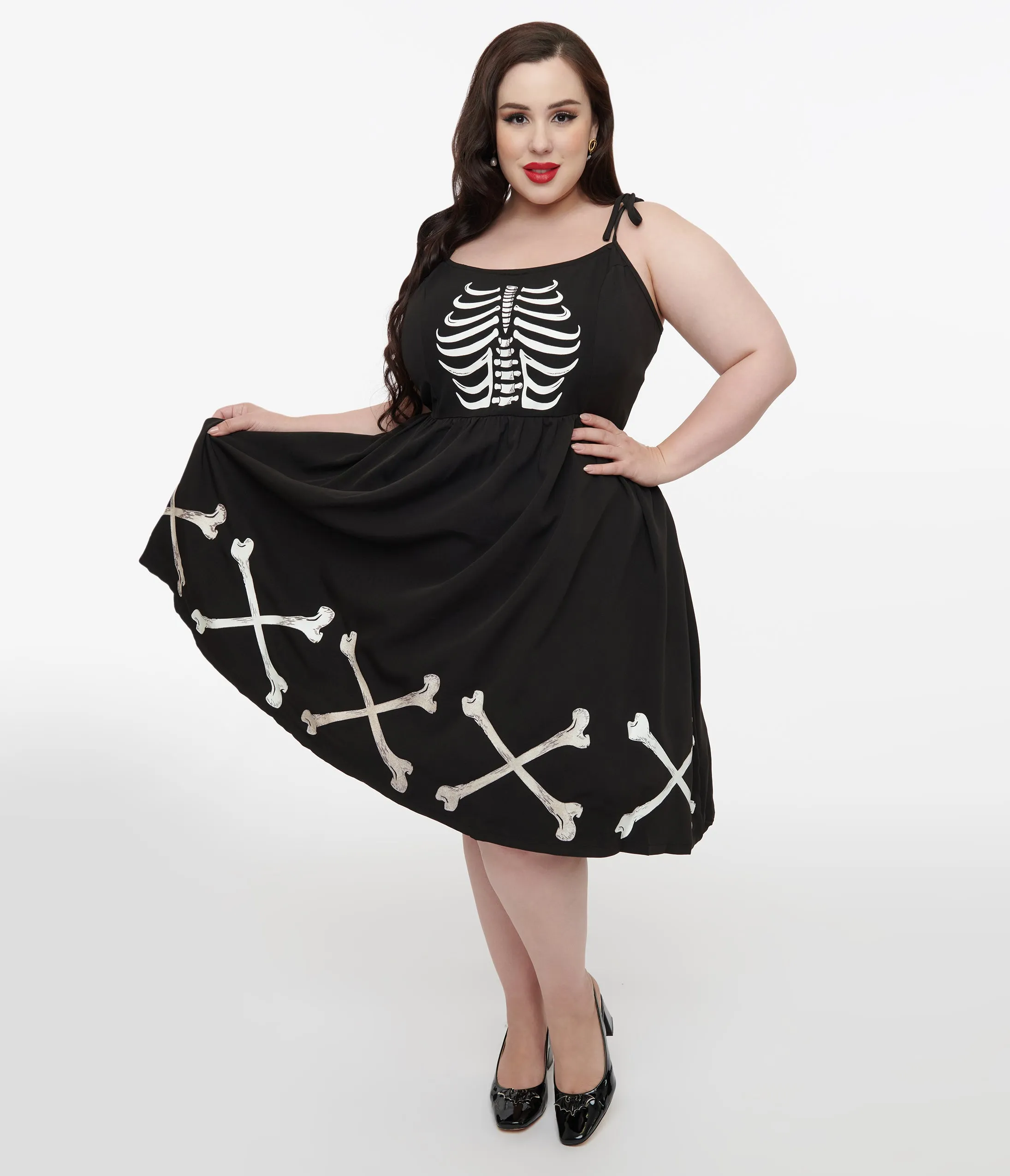Unique Vintage Plus Size 1950s Black & Glow in the Dark Skeleton Bobbie Swing Dress sold by Unique Vintage