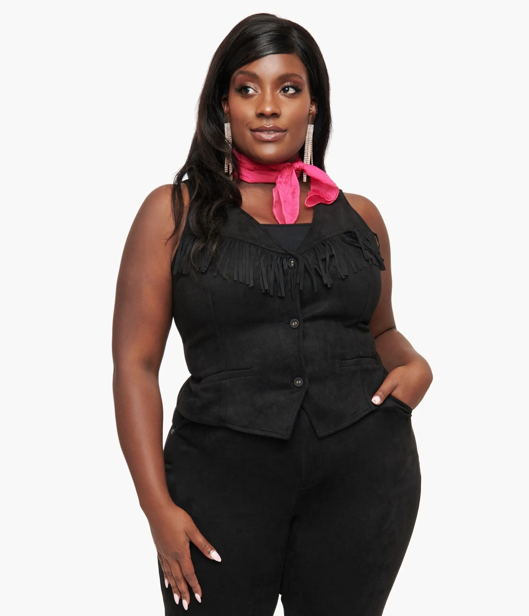 Smak Parlour Plus Size 1970s Black Suede Fringe Vest sold by Unique Vintage