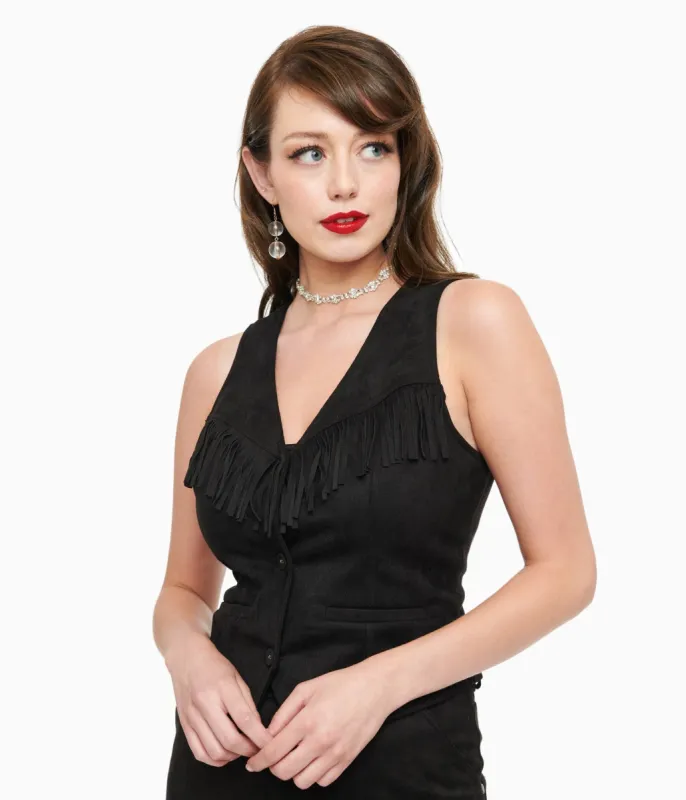 Smak Parlour 1970s Black Suede Fringe Vest sold by Unique Vintage